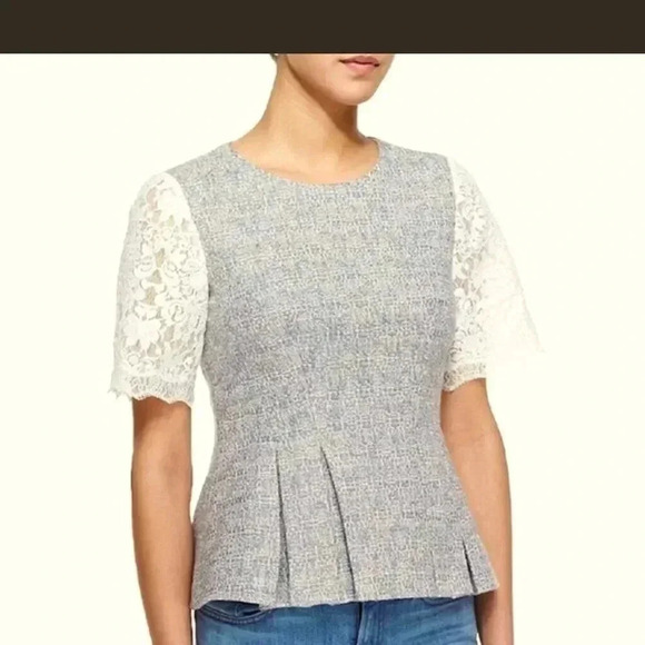 Rebecca Taylor Gray & White Peplum top lace cap sleeves size 8 - Picture 1 of 10